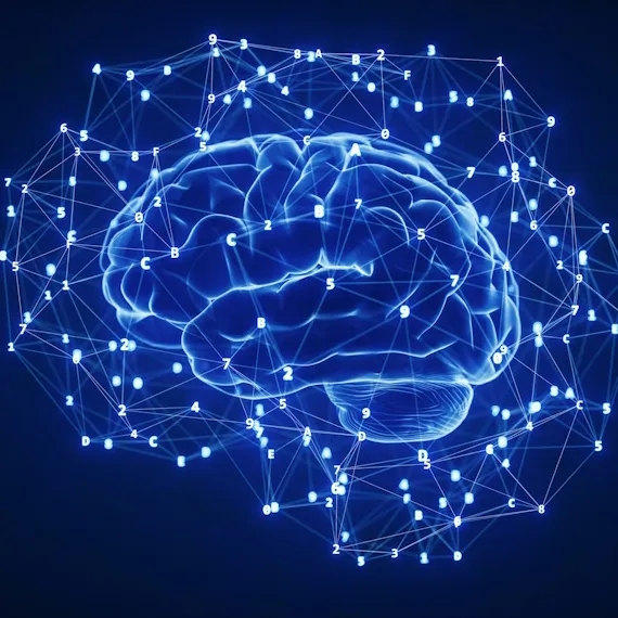 Blue and orange brain illustration with branching lines