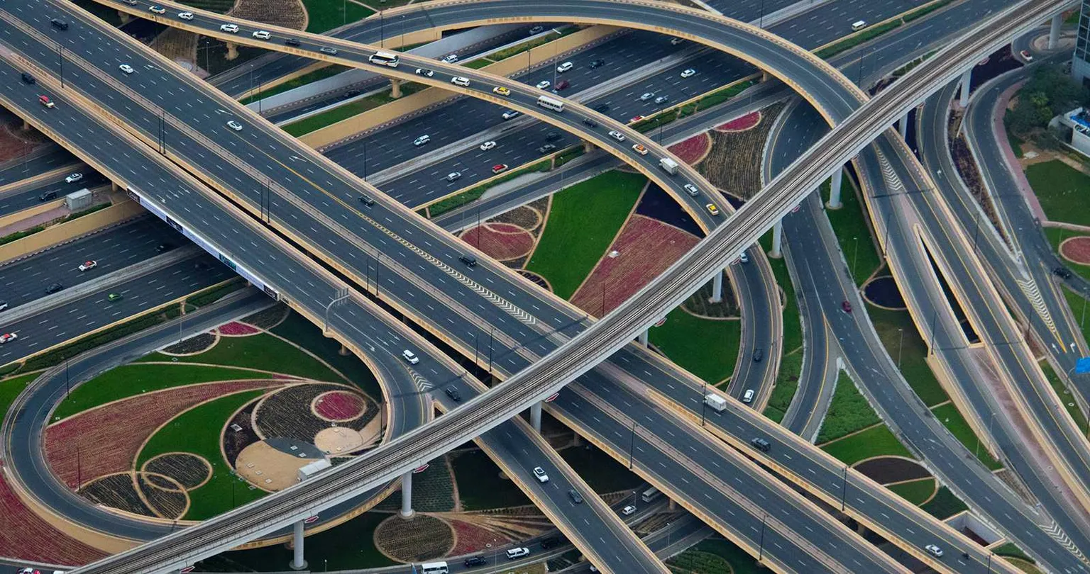 Aerial view of intersecting highway overpasses