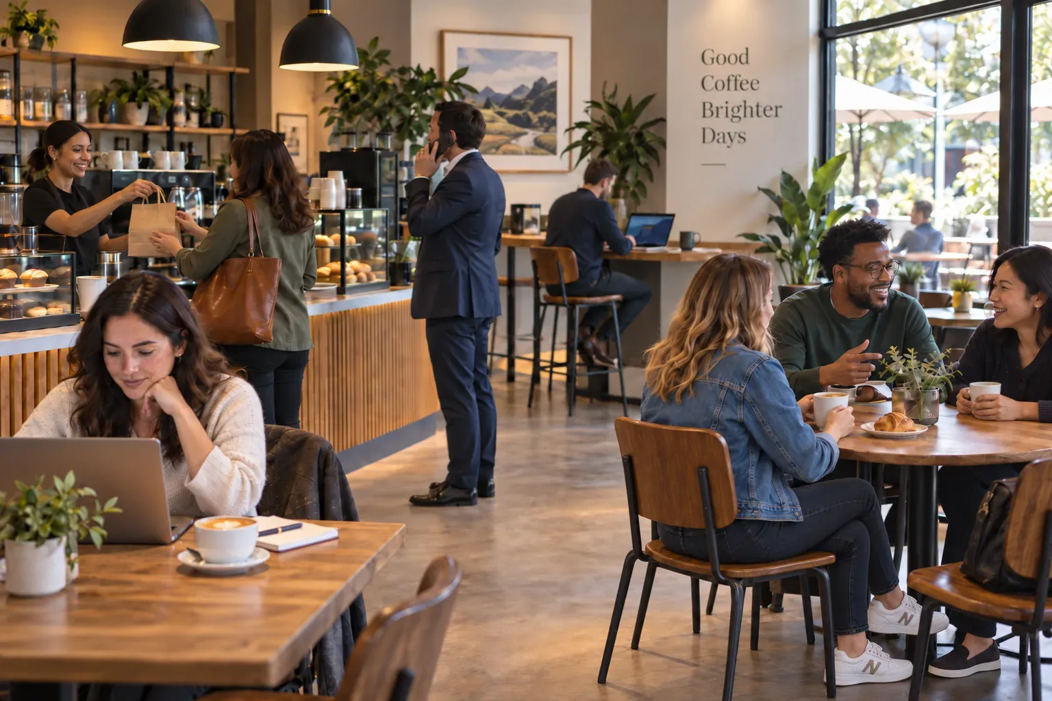 Cafe scene with takeaway pickup, laptop use, and people talking at a table